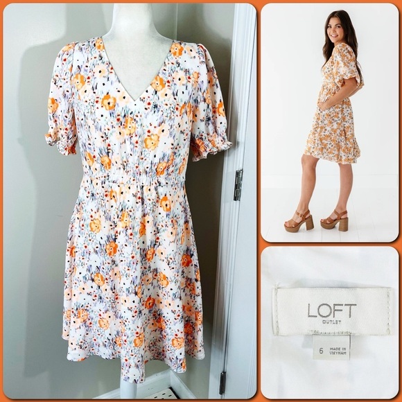LOFT White with Orange & Blue Floral V-Neck Puff Sleeve Fit & Flare Dress - 6 - Picture 1 of 13